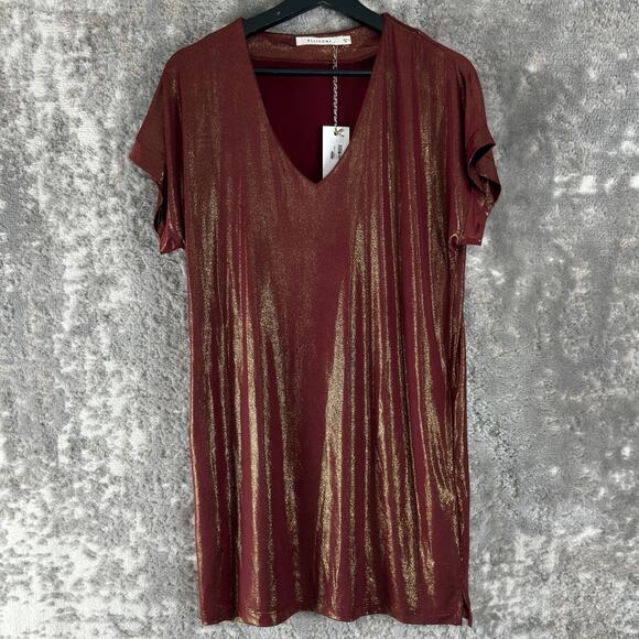 NEW Ellison Size S Shimmer Stretch V Neck Mini Tunic Dress Maroon Short Sleeve - Picture 1 of 9